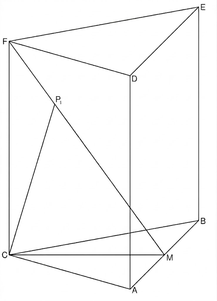Draufsicht einer Quader-Skizze mit Punkten A–F, diagonalen und Verbindungsstrecken, markierten Punkten P1 und M.